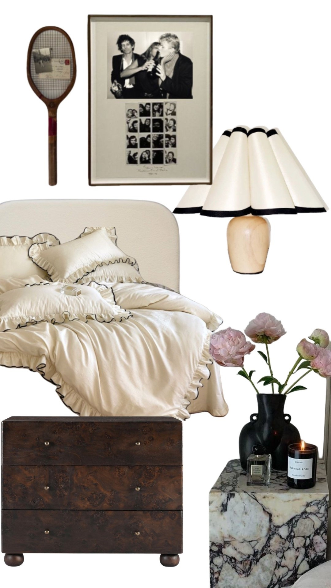 Parisian Chic Bedroom Inspiration 
Dreamy bedroom details. Neutral ruffle bedding, marble nightstand styling, fresh florals, and moody accents for that elevated Parisian-inspired interior design vibe. Mixing vintage decor retro tennis racket, black & white photography with modern home accents sculptural lamp, marble side table creates the perfect chic yet cozy bedroom aesthetic.
Shop my favorite home finds via LTK 🤍
#ParisianChic #LTKhome #LTKinterior #BedroomDecorInspo #ParisianStyle #ModernVintageDecor #NeutralHome #InteriorDesignInspiration #HomeStylingIdeas #BeddingGoals #BedroomAesthetic #CozyChic #NeutralDecor #LTKfinds