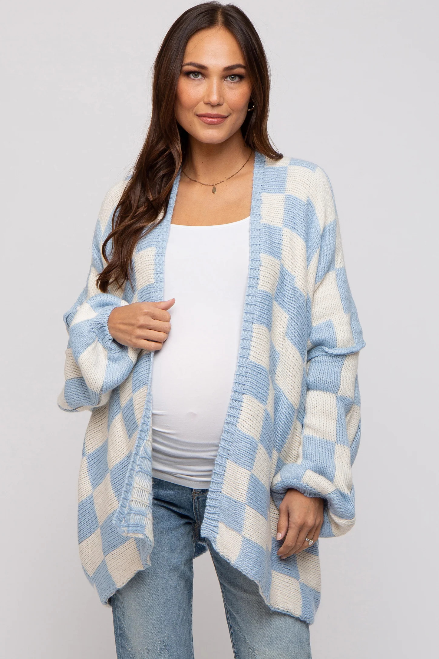 Taupe Checkered Print Oversized Maternity Cardigan | PinkBlush Maternity