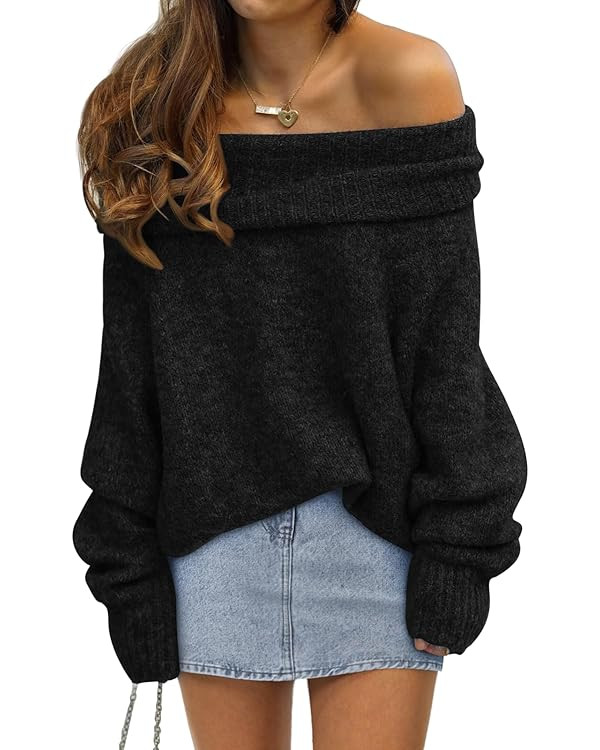 LILLUSORY Womens Off The Shoulder Sweater Oversized Batwing Sleeve Loose Pullover Sweaters Tops | Amazon (US)