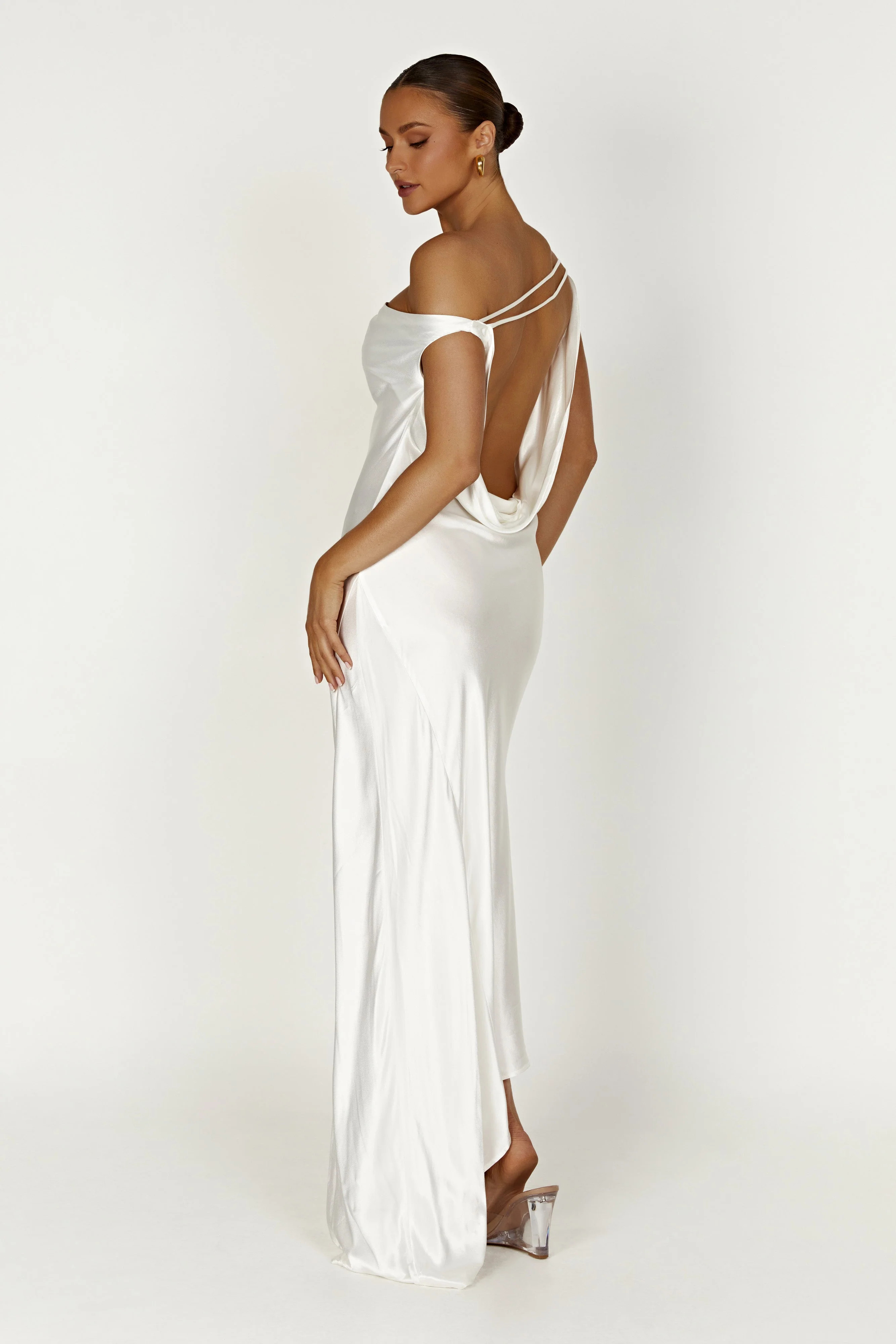 Slip Maxi Dress With Asymmetrical Hem - White | MESHKI US