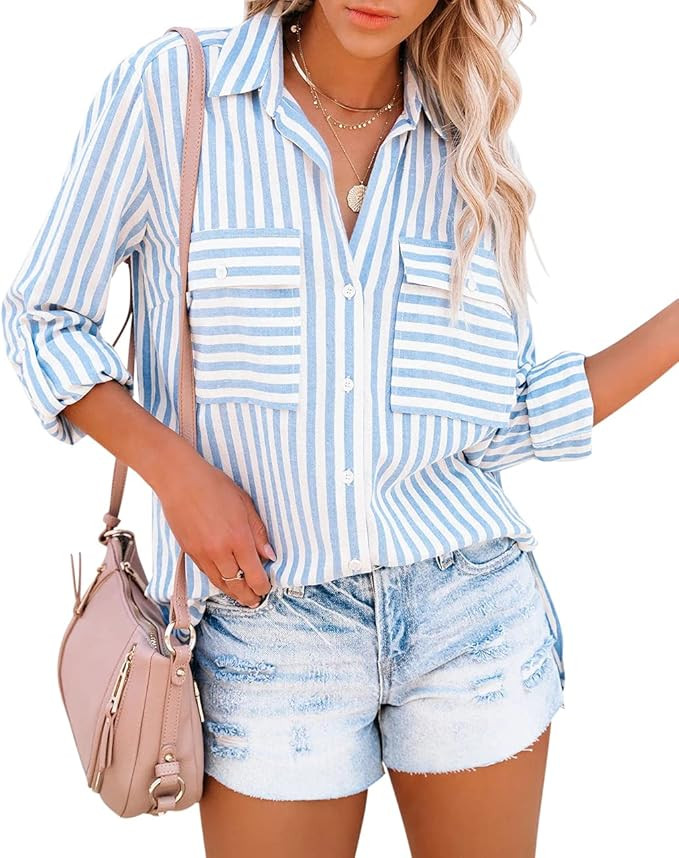 R.Vivimos Women's Fall Cotton Long Sleeves Roll Up Striped Casual V Neck Button Down Shirts Blous... | Amazon (US)