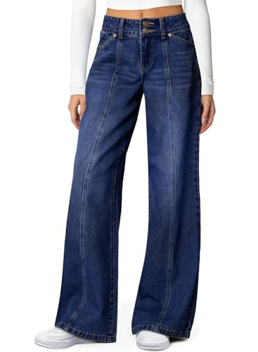 Sidefeel Womens Wide Leg Jeans High Waisted Straight Leg Stretchy Jeans Trendy Seamed Front Loose Denim Pants Navy Blue Size 6 | Amazon (US)