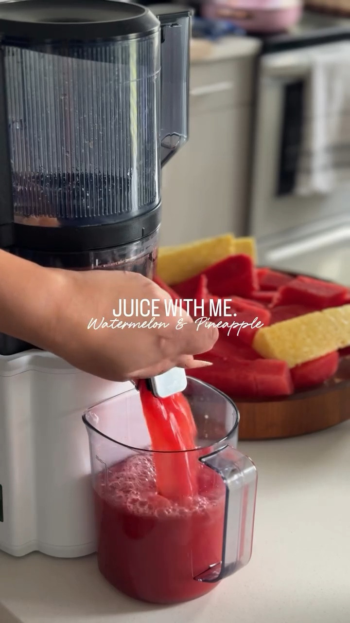 Juice with me ✨ 

Today I ran fresh watermelon + pineapple through my cold press juicer for the sweetest wellness boost. Cold press (aka slow juicing) keeps more nutrients + enzymes intact compared to traditional juicing, giving you maximum hydration and antioxidants!

Watermelon: 92% water, loaded with lycopene to support heart health + circulation.

Pineapple: Rich in vitamin C + bromelain to help with digestion, skin glow + immunity.

This is part of my wellness journey where I’m trying to be more intentional about nourishing from the inside out, while making healthy habits fun (and kid-friendly!). I’ll be adding even more pineapple in my next batch because I love it and want it to pull through even more! Maybe half & half. 

What’s your favorite fruit to juice?

💌 Want the link to the juicer I used (Nama J2) that makes this process effortless? Comment JUICE and I’ll send it over! #juicelife #juicingforhealth #juicingforlife