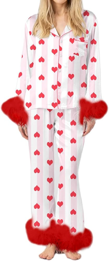 Sastianaen Women Feather Pajamas Silk Satin Lounge Sets Long Sleeve Button Down Shirts and Pants ... | Amazon (US)