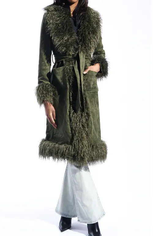 AZALEA WANG Belted Faux Suede Coat with Faux Fur Trim in Olive at Nordstrom, Size Small | Nordstrom