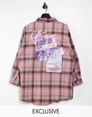 Missguided Petite oversized check shirt with graphic in pink | ASOS (Global)