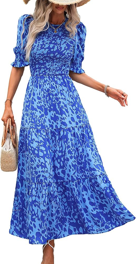 BTFBM Women Casual Summer Dresses 2023 Spring Crew Neck Ruffle Short Sleeve Floral Print Smocked ... | Amazon (US)