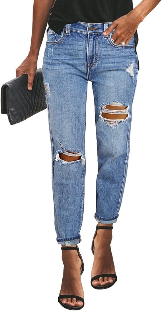 Vetinee Women's High Rise Destroyed Boyfriend Jeans Washed Distressed Ripped Denim Pants | Amazon (US)