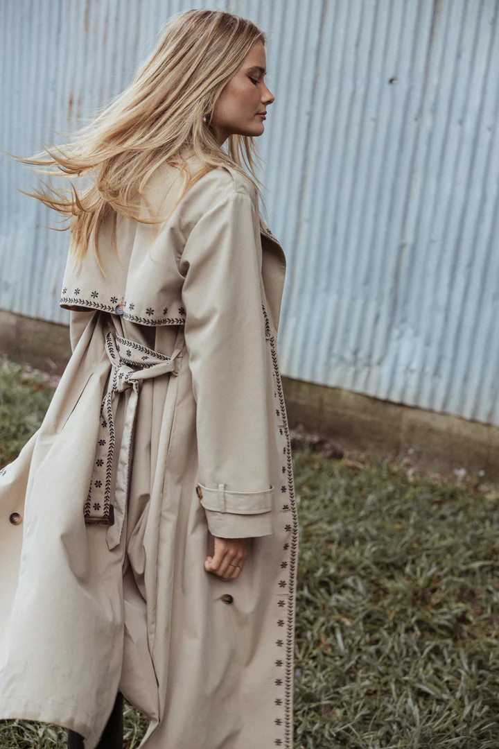 Grayson Embroidered Trim Trench Coat - Taupe | Petal & Pup (US)