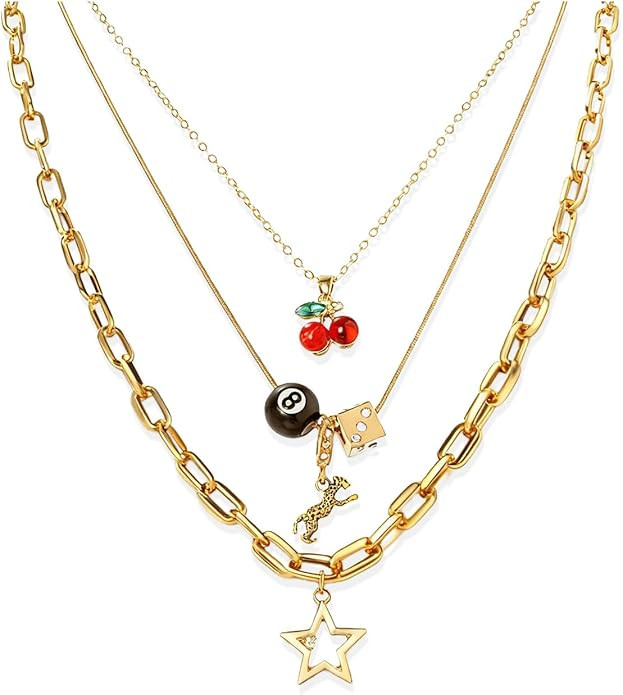 Chunky Star Necklaces for Women Cherry 8 Ball Charm Y2K Stackable Leopard Dice Layered Gold Daint... | Amazon (US)
