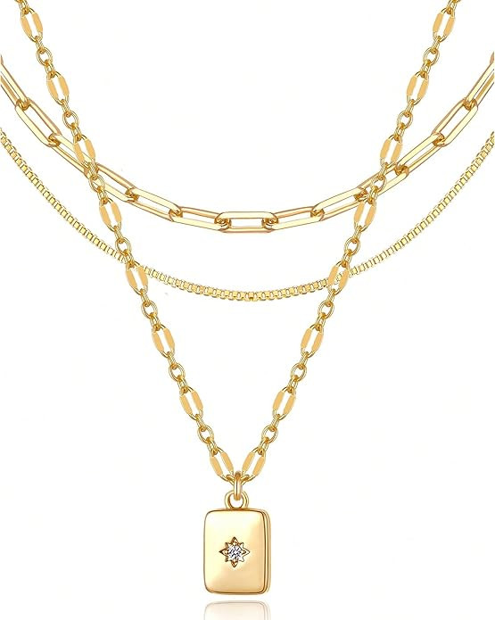 YEEZII Layered Gold Necklaces for Women Trendy, 3 Pcs 14K Gold Plated Choker Paperclip Box Chain ... | Amazon (US)