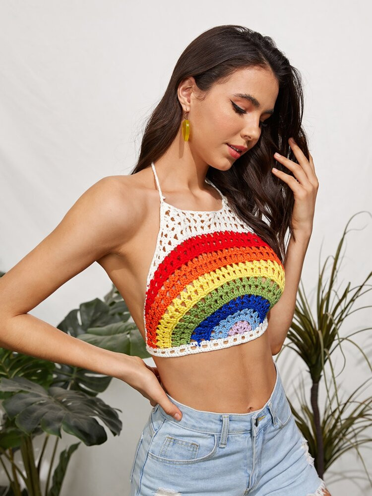 SHEIN Colorblock Tie Backless Knit Halter Top | SHEIN