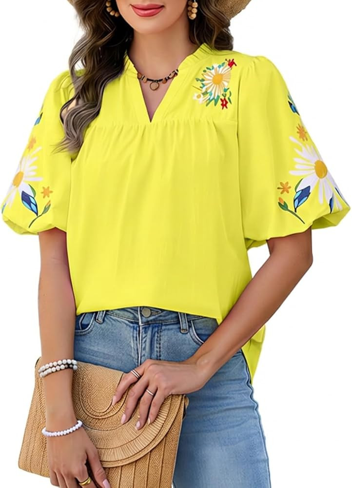 Women's Boho Floral Embroidered Blouse Casual V-Neck Puff Short Sleeve Loose Tunic Top for Summer... | Amazon (US)