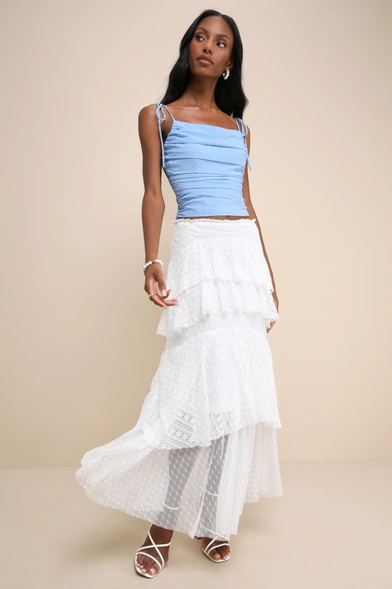 Impressively Darling Ivory Mesh Lace Tiered Midi Skirt | Lulus