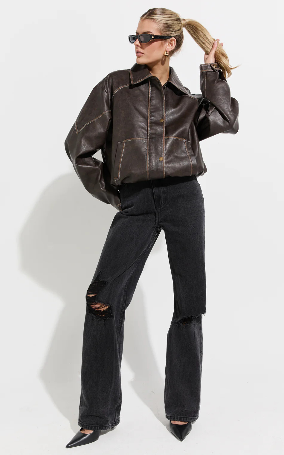 Gail Jacket - Faux Leather Bomber Jacket in Washed Brown | Showpo (US, UK & Europe)