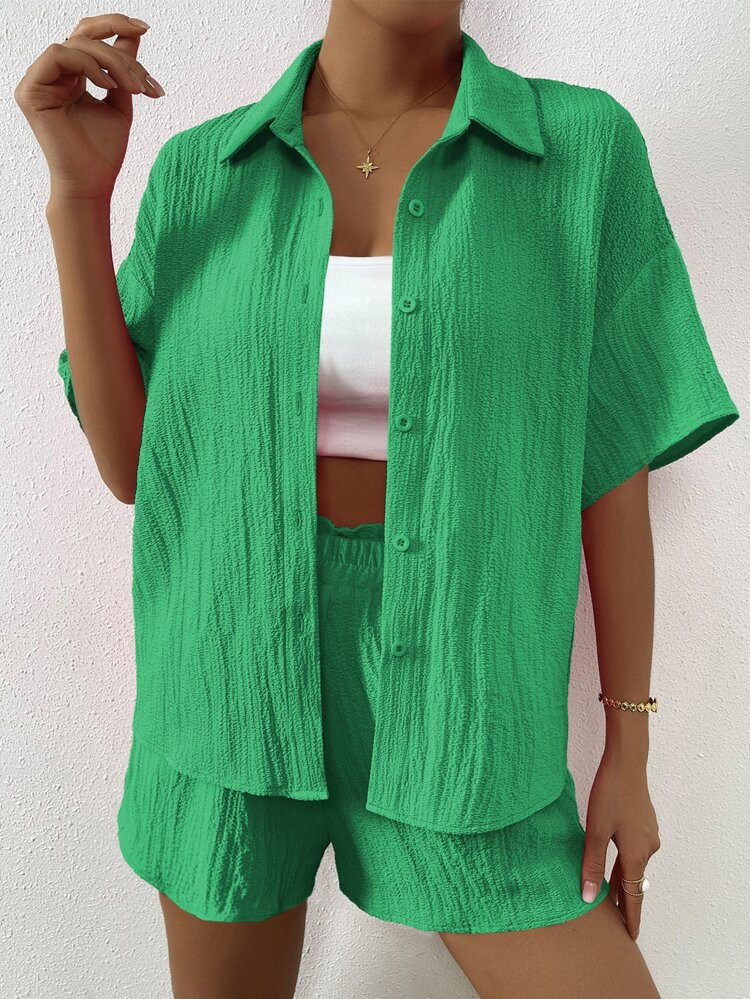 Solid Drop Shoulder Shirt & Shorts Set | SHEIN