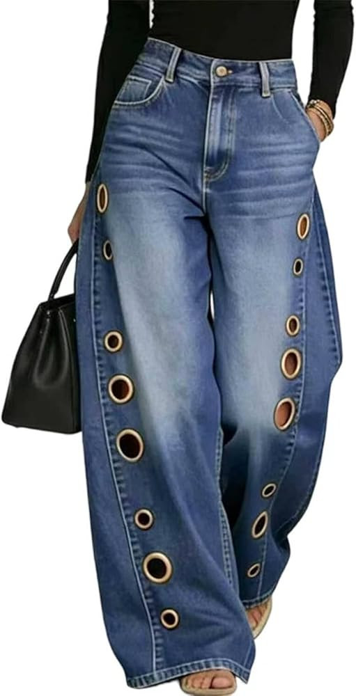 Vakkest High Waisted Wide Leg Jeans for Women Eyelet Cut Out Denim Pants | Amazon (US)