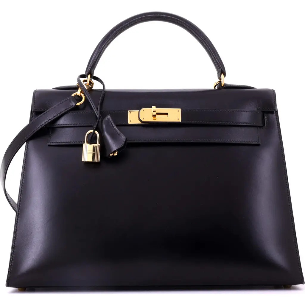 Pre-Owned Hermes Kelly Handbag Black Box Calf with Gold Hardware 32 in Noir at Nordstrom, Size Medium | Nordstrom