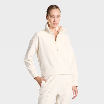 Women's Velour Ribbed 1/2 Zip Sweatshirt - All In Motion™ Cream M | Target