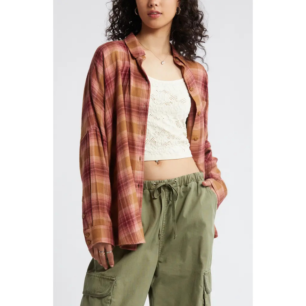 BP. Plaid Oversize Flannel Button-Up Shirt in Tan T- Pink Gia Plaid at Nordstrom, Size X-Small | Nordstrom