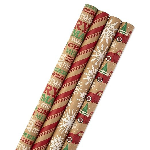 Hallmark Christmas Wrapping Paper Bundle with Cut Lines on Reverse, Kraft (Pack of 4, 88 sq. ft. ... | Amazon (US)