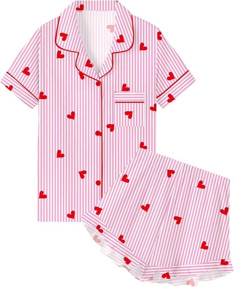 QZH.DUAO Girls & Women Pajama Sets 100% Cotton Sleepwear Button Down Short Sleeve With Ruffle Sho... | Amazon (US)