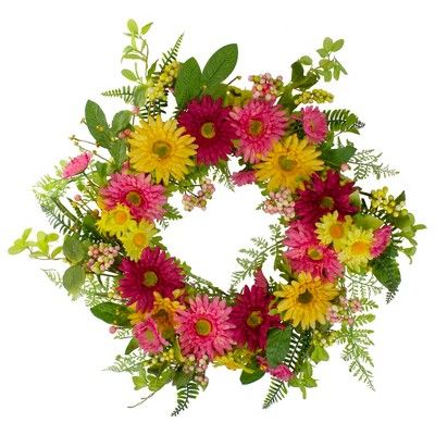 Northlight Chrysanthemum and Daisy Floral Spring Wreath, Pink and Yellow 23" | Target