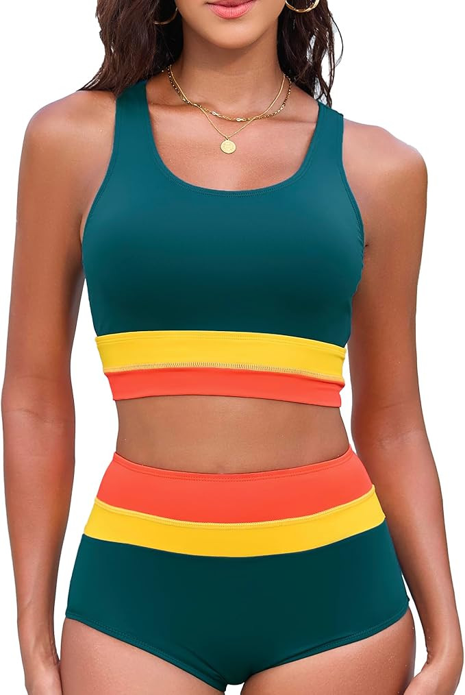 Women's High Waisted Bikini Sets Two Piece Swimsuit Color Block Sporty Athletic Moderate Coverage... | Amazon (US)