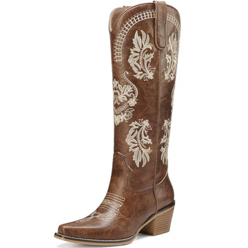 TEAIEUI Womens Knee High Cowgirl Boots Pointed Toe Western Cowboy Country Boots with Classic Embroidered | Amazon (US)