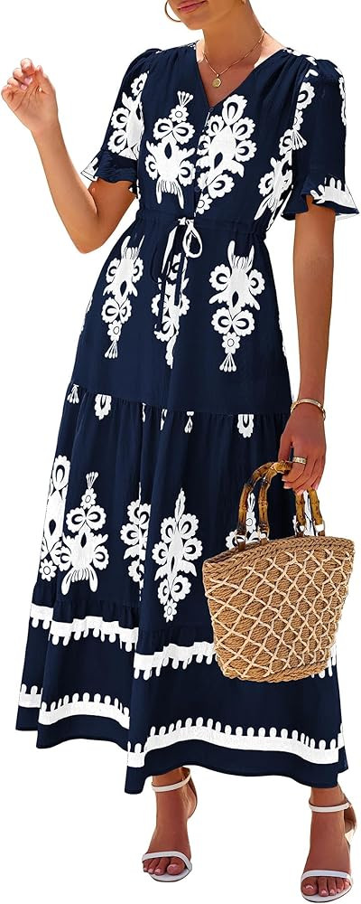 Lazysmile Summer Dresses for Women Short Sleeve V Neck Floral Drawstring Flowy A Line Boho Maxi D... | Amazon (US)