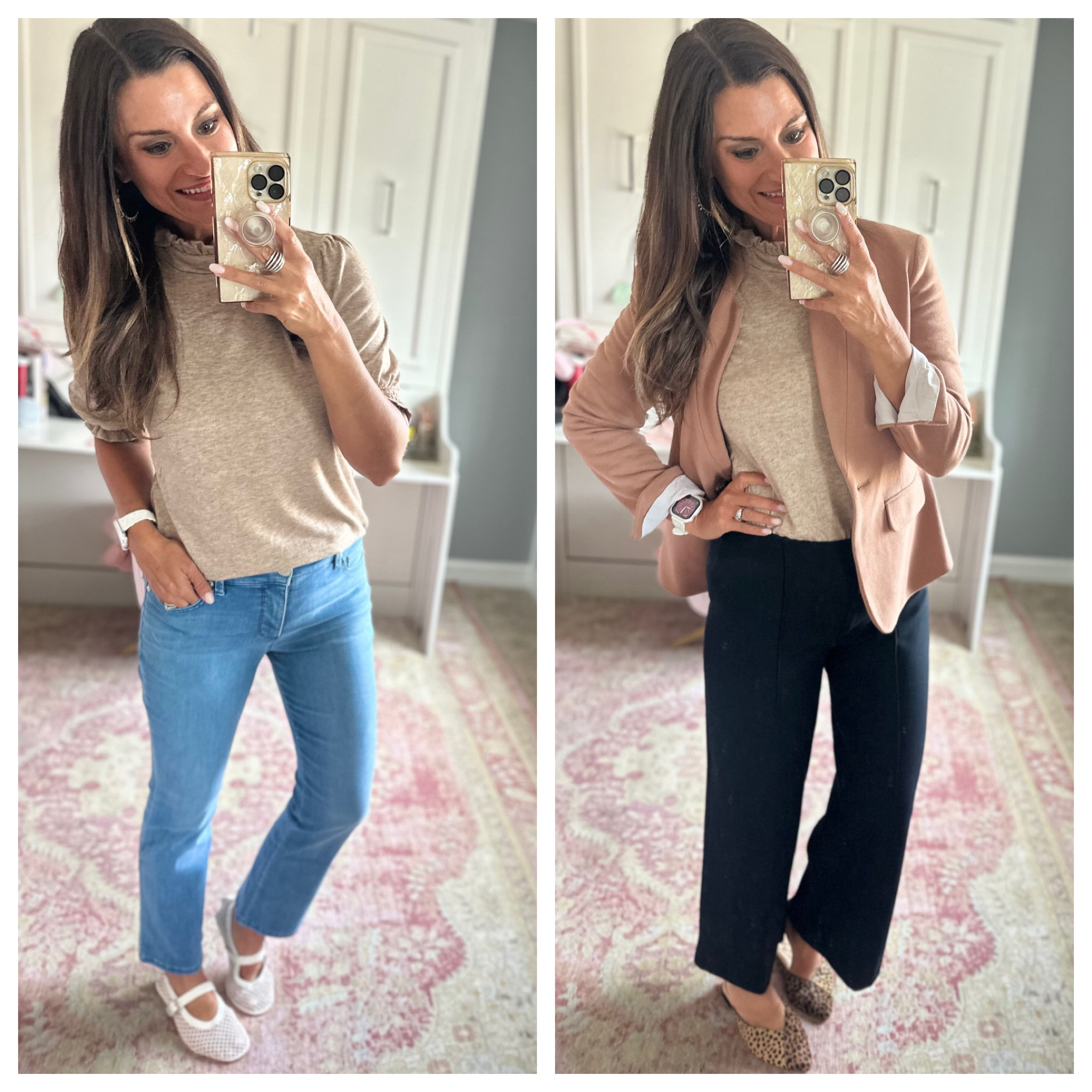 Two ways to style a tan top - Use code CANDACE10 to save 10% off my top and blazer. Use code CANDACEPXSPANX to save 15% off my black pants. Everything is true to size. Wearing a small/4 in each piece.

#LTKSaleAlert #LTKStyleTip #LTKOver40
