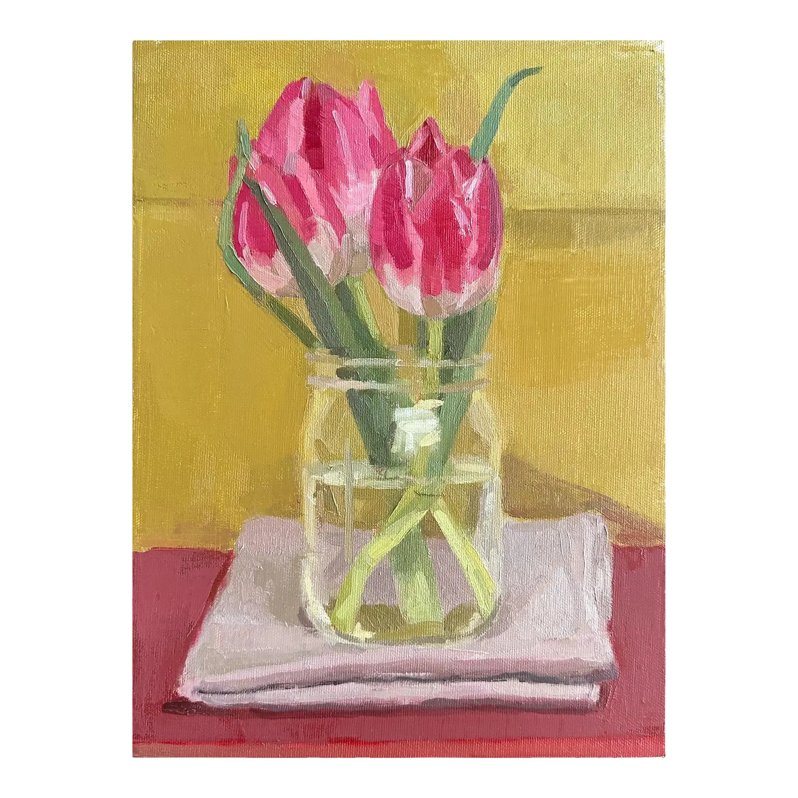 "Pink Tulips in a Mason Jar" Contemporary Original Impressionist Floral Still Life Oil Painting | Chairish