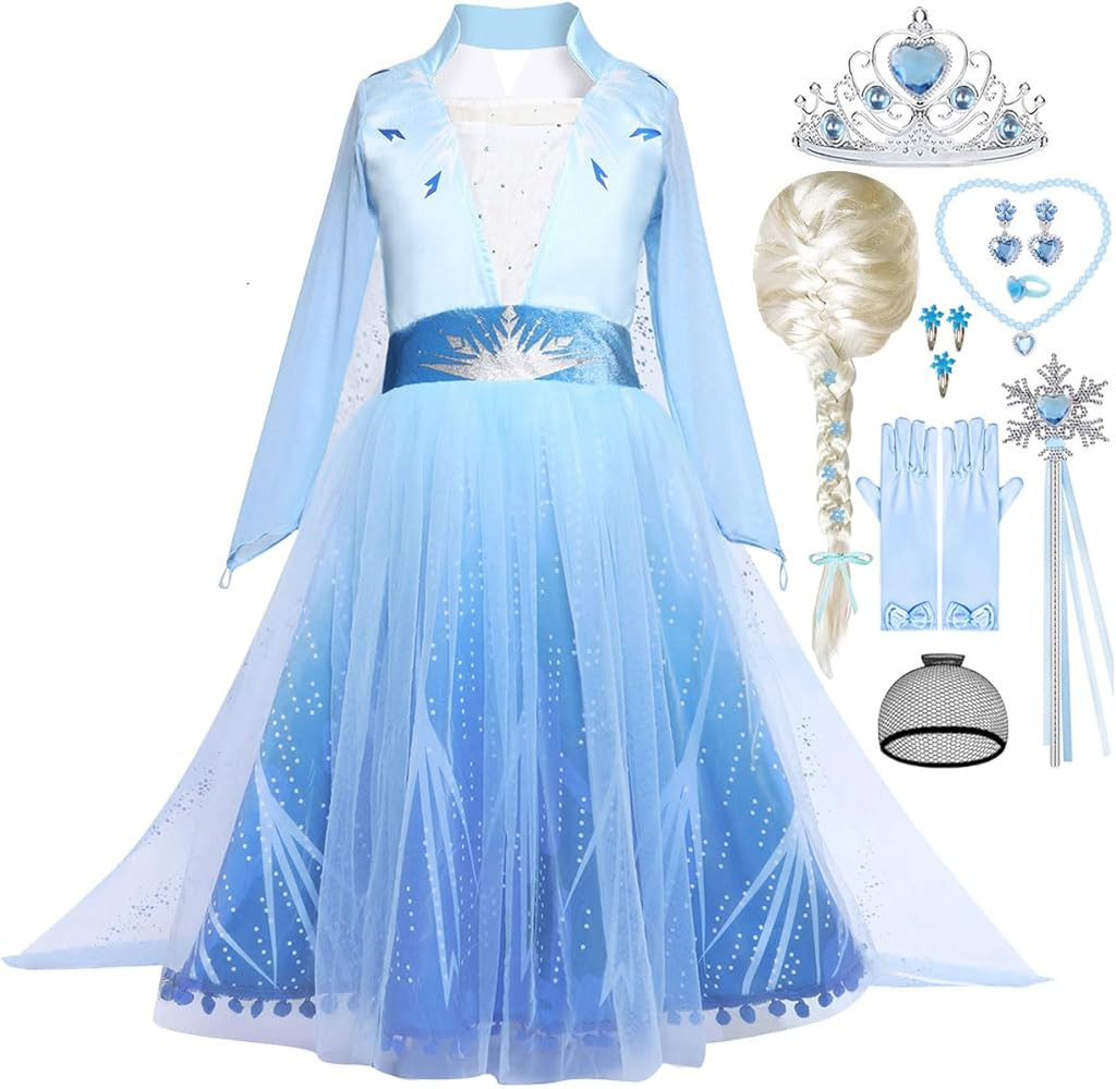 Elsa Costume Toddler Girls Snow Princess Dress Blue Cosplay Outfit with Wig for Halloween Birthda... | Amazon (US)
