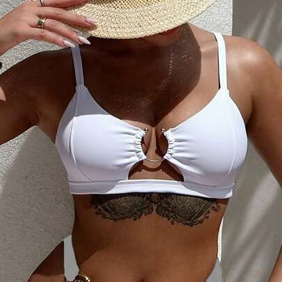 Vacation Beach Solid Color Hollow Out White Bikini Swimwear Top For Summer | SHEIN