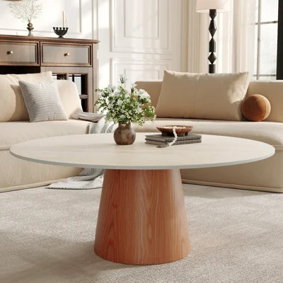 Round Modern Travertine Coffee Table With Solid Wood Pedestal | Wayfair North America