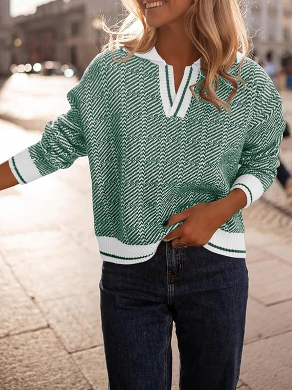 Saodimallsu Womens Fall Sweaters Tops Lapel V Neck Knit Sweater Color Block Long Sleeve Casual So... | Amazon (US)