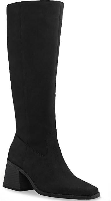 Coutgo Women's Knee High Boots Wide Calf Square Toe Chunky Heeled Pull-on Boot | Amazon (US)