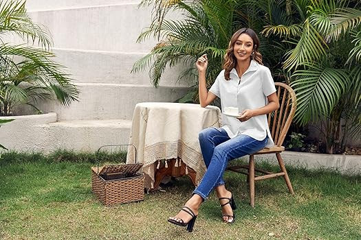 Karlywindow Womens Long Sleeve Button Down Cotton Linen Shirt Blouse Loose Fit Casual V-Neck Tops | Amazon (US)