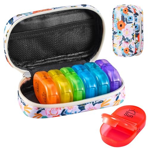 Serfeymi Weekly Travel Pill Organizer 2 Times A Day AM PM Upgraded Rainbow Pill Box 7 Day with Portable Zipper Canvas Pill Case, Medicine Organizer for Pills, Vitamins, Fish Oils - Bloom 01 | Amazon (US)