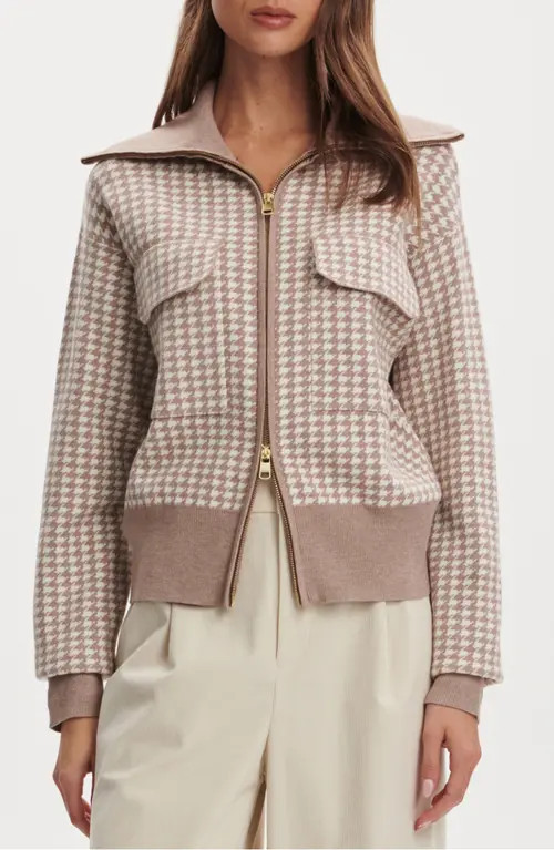 Varley Ablett Houndstooth Jacquard Zip Cardigan in Taupe at Nordstrom, Size Xx-Small | Nordstrom