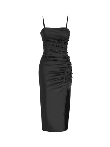 CIDER Solid Satin Ruched Split Midi Cami Dress: Black, XL | Amazon (US)