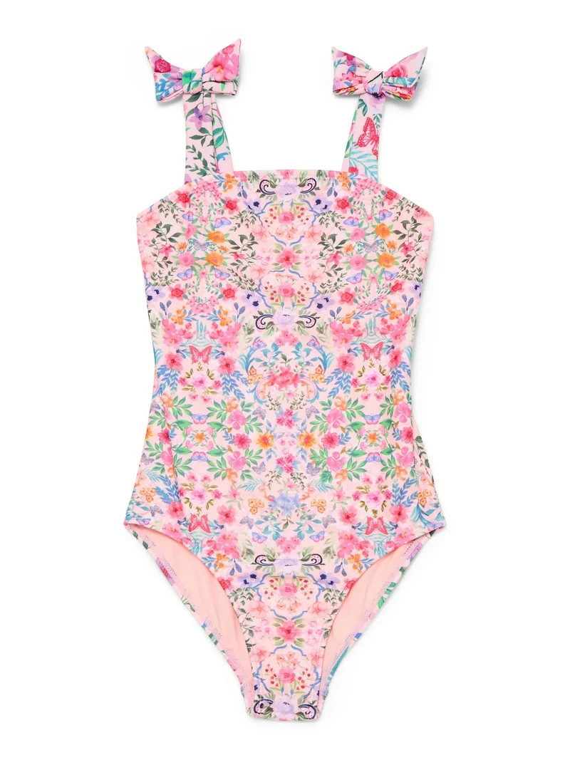 Wonder Nation Girls Floral One Piece Swimsuit with Bows and UPF 50, Sizes 4-18 & Plus | Walmart (US)