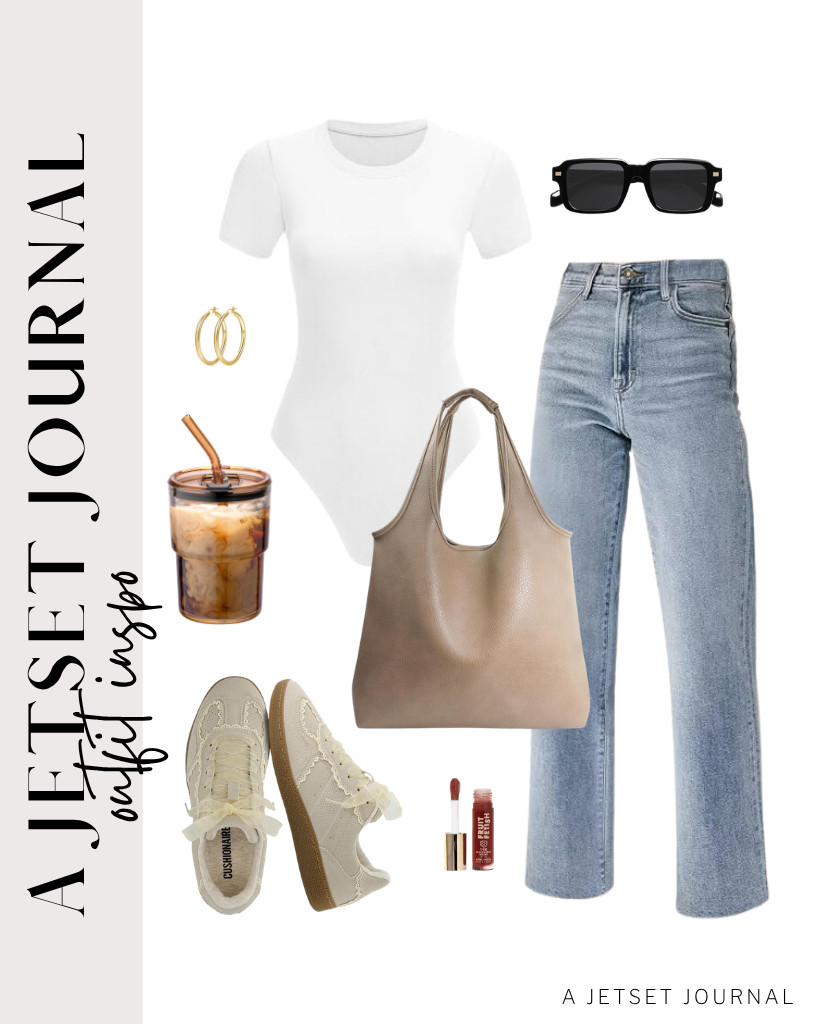 This pair of a white round-neck short-sleeve bodysuit and straight-leg jeans from KDF can be styled with a slouchy handbag and these super cute sneakers from CUSHIONAIRE that have lace detail. I love wearing SOJOS polarized sunnies and thick, chunky gold hoop earrings to finish this casual look.


#LTKSeasonal #LTKSaleAlert #LTKTravel 

 