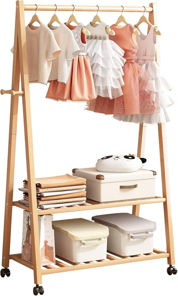 Kids Clothing Rack Bamboo with Wheels and Storage Shelves, Dress Up Storage, Kids Dress Up Rack f... | Amazon (US)