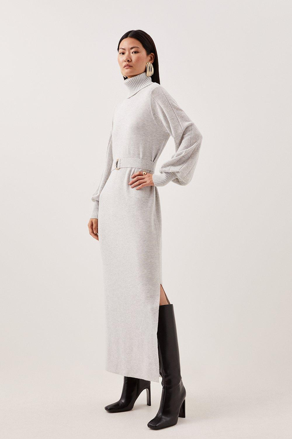 Wool Blend Full Sleeve Belted Funnel Knit Neck Midaxi Dress | Karen Millen US