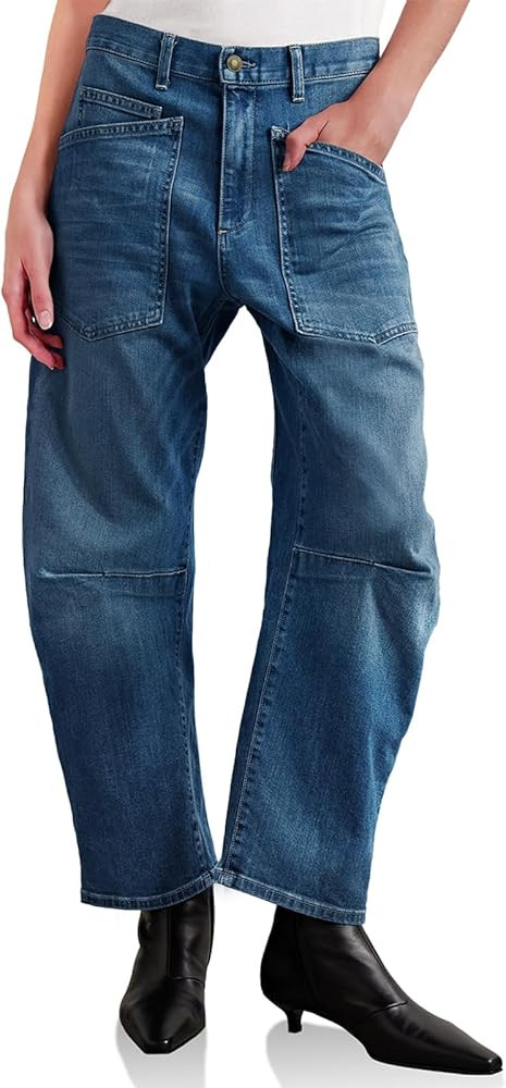 PLNOTME Womens Baggy Barrel Horseshoe Jeans High Waisted Wide Leg Vintage Denim Pants with Front ... | Amazon (US)