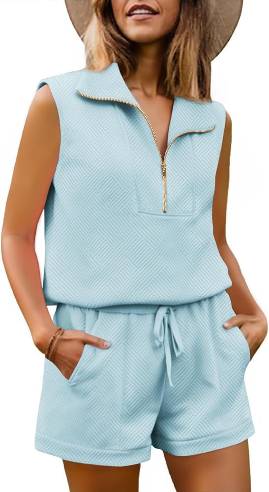 Tankaneo Womens 2 Piece Outfits Short Sets Half Zip Sleeveless Tops and Drawstring Shorts Loungew... | Amazon (US)