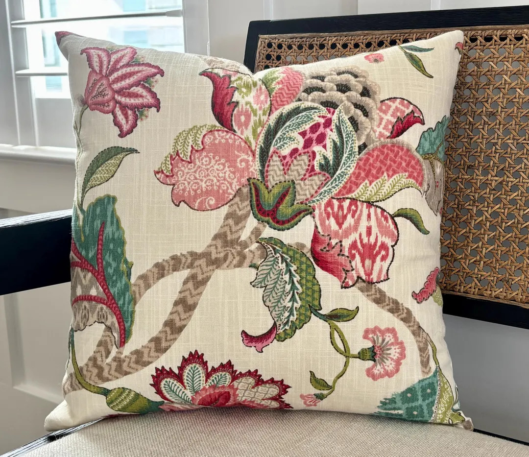 Jacobean Floral Decorative Throw Pillows: Farmhouse Cottage Pillow Covers, Red Pink Teal Spring L... | Etsy (US)