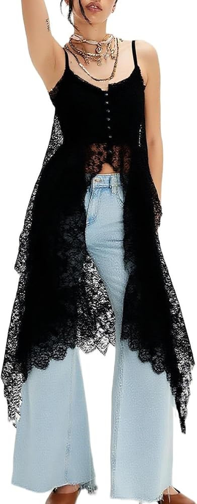 UAURORAO Women Maxi Lace Top Spaghetti Strap See Through Flowy Long Camisole Sleeveless Floral Sh... | Amazon (US)