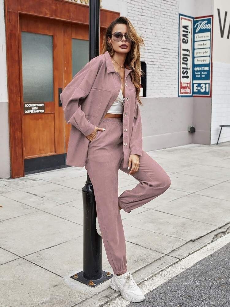 Corduroy Solid Button Through Blouse & Sweatpants | SHEIN